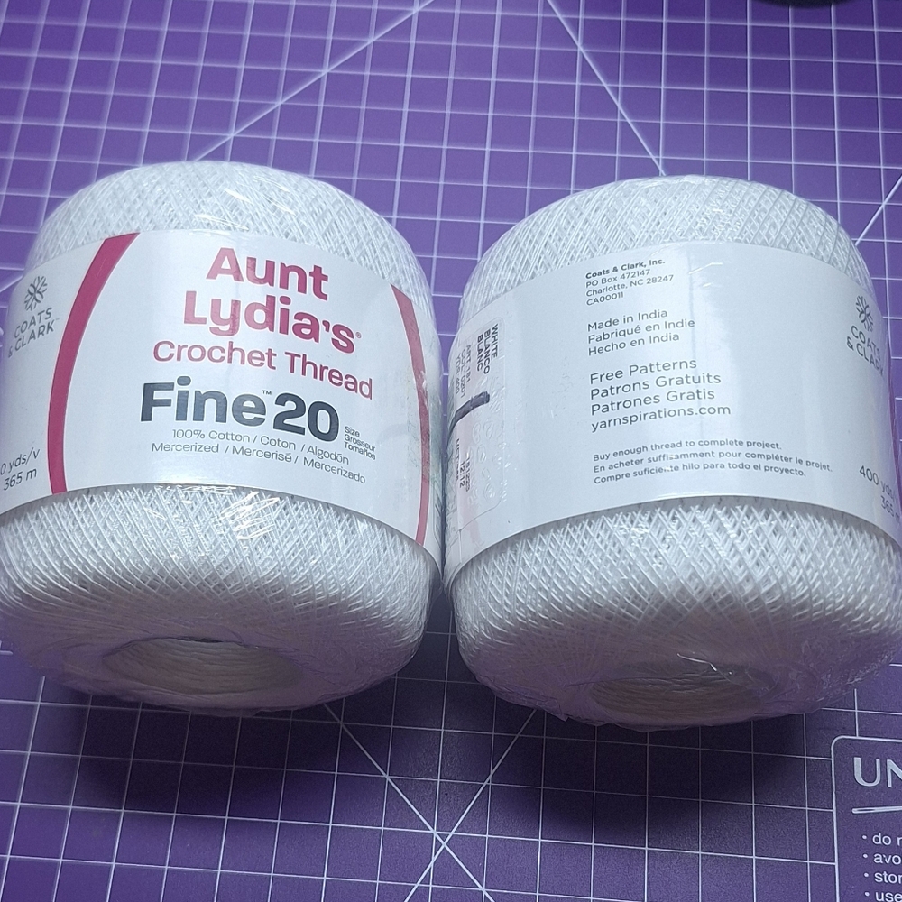 Aunt Lydia’s Crochet Thread Fine 20 — White Cotton Lace Crochet Yarn 2-Pack NWT